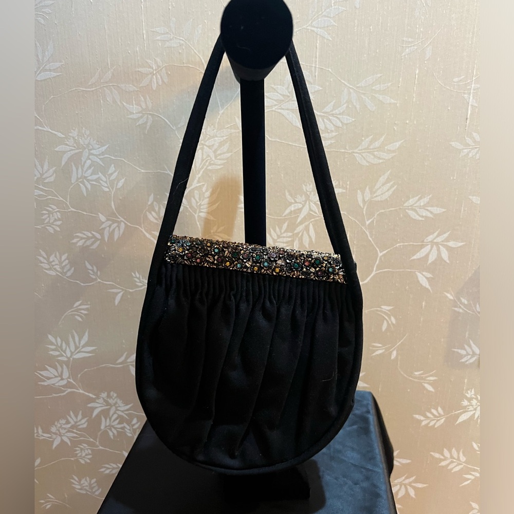 Vintage Guild Original Black Purse with Intricate Gold Metal Colorful Crystals
